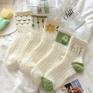 Retro Floral Socks , Texture Solid Socks-5 Pair